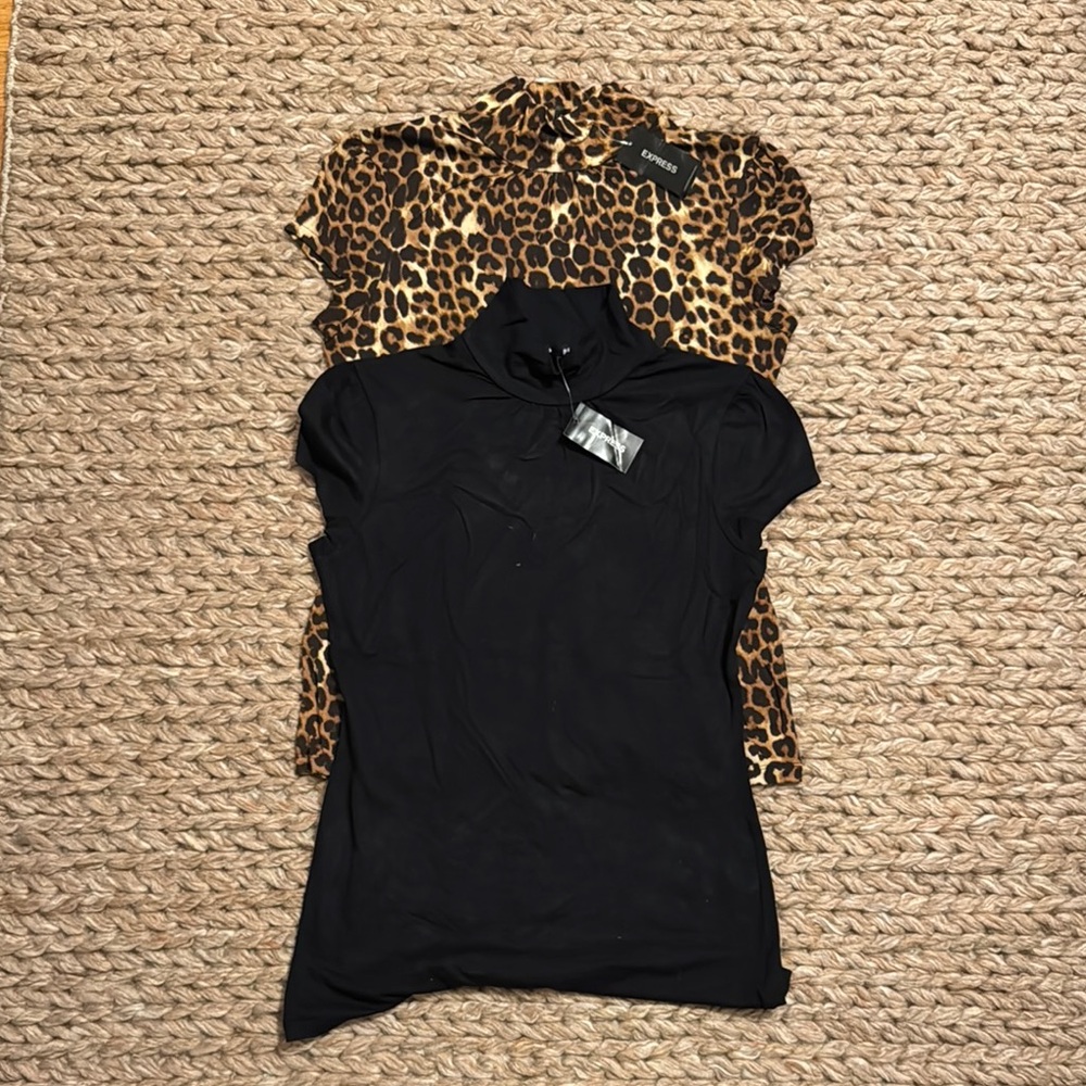 2 NWT Express Black and Leopard Print Mock  Neck Tops T Shirts Sz Medium M